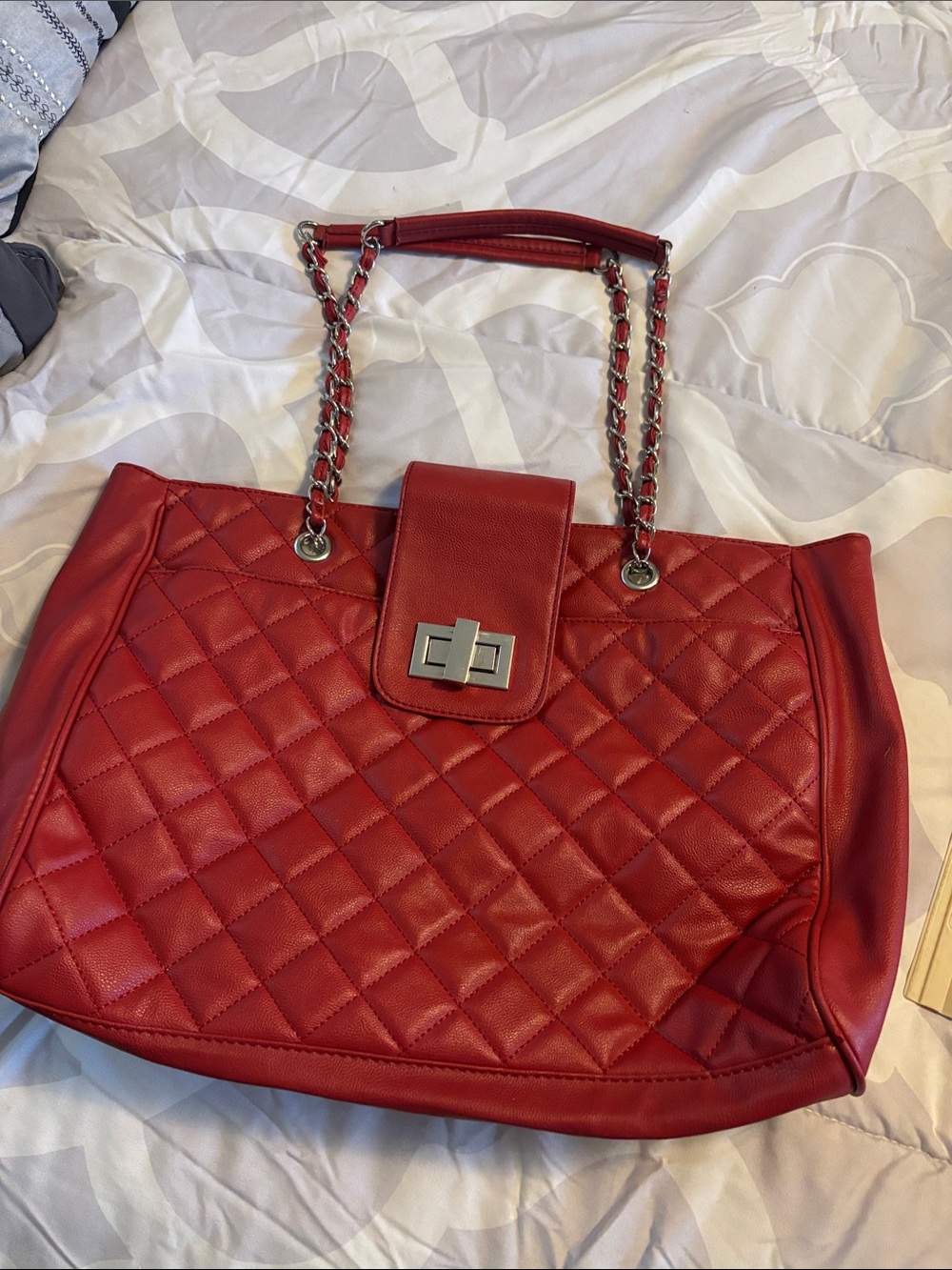 Apartment 9 Quilted Red Shoulder Tote with Silver Chain Detail